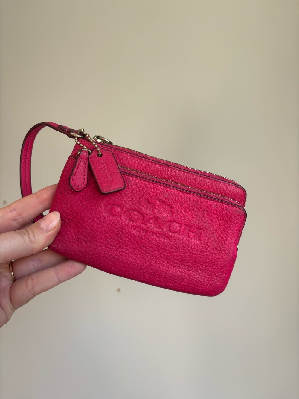 Coach double corner zip wristlet in hot pink
